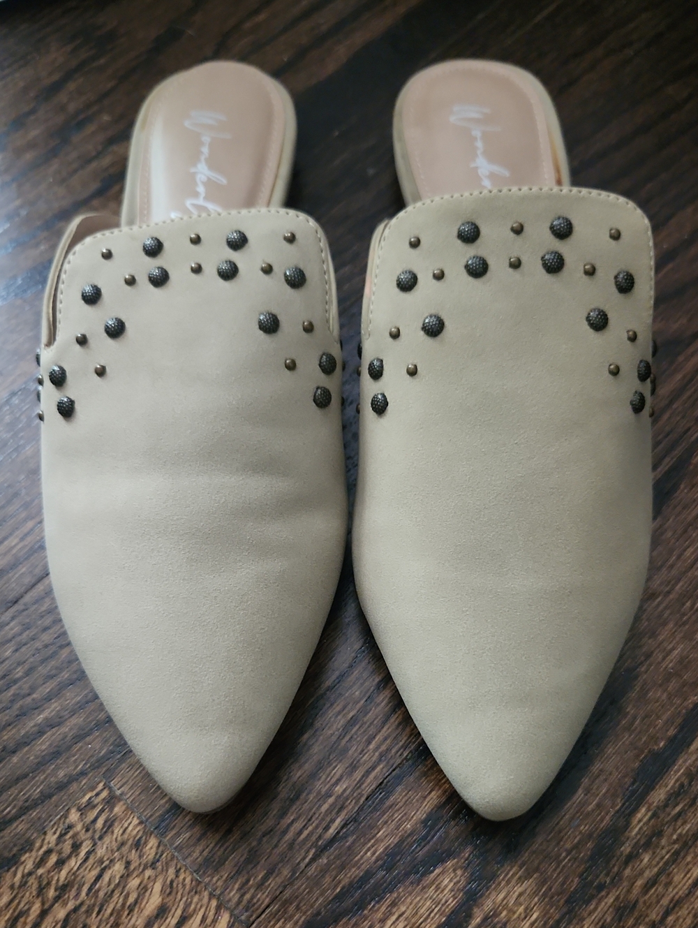 Wonderly Taupe Pointed Slip-On Studded Mules
